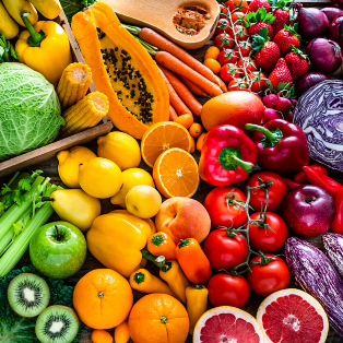 frutas y verduras frescas y saludables con los colores del arco iris