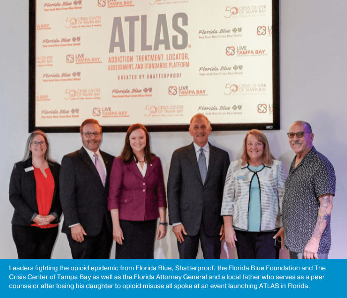 Leaders fighting the opioid epidemic from Florida Blue, Shatterproof, the Florida Blue Foundation, and the Crisis Center of Tampa Bay with the Florida Attorney General